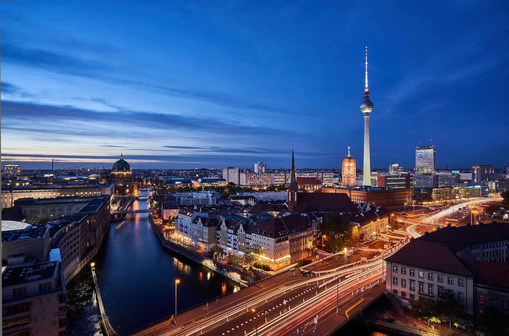 Berlin at night with the Fernsehturm, the Dom and the Spree